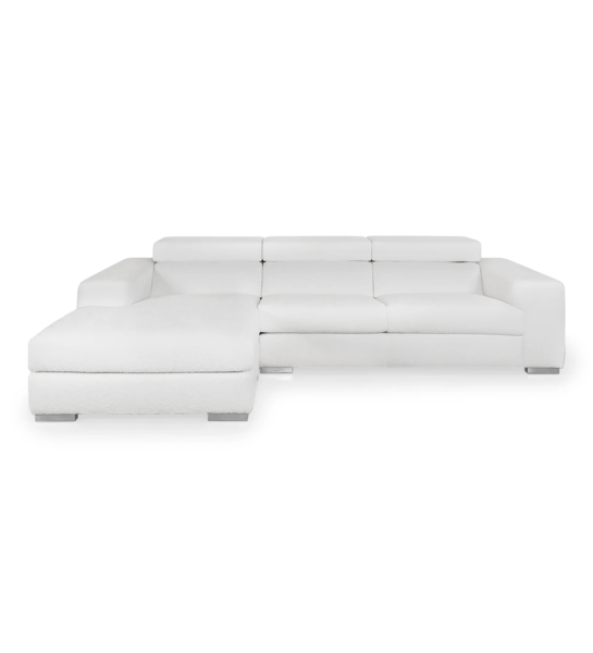 Sofá Califórnia 2 lugares e chaise longue esquerda, estofado a tecido branco, apoios de cabeça reclináveis, 307 cm.