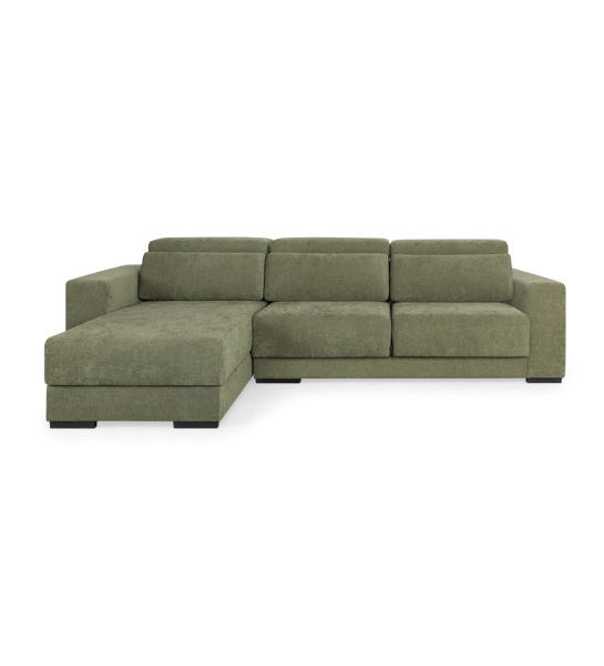 Sofá Oporto 2 plazas y chaise longue reversible, tapizado en tela verde, reposacabezas reclinables, asientos deslizantes y almacenaje en chaise longue, 279 cm.