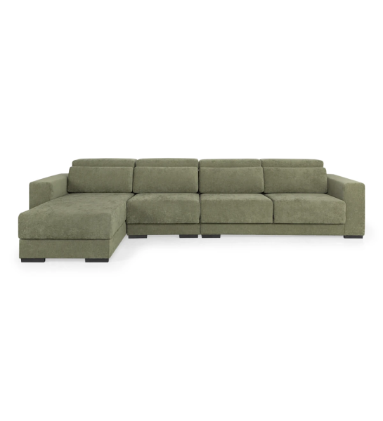 Sofá Oporto 3 lugares e chaise longue reversível, estofado a tecido verde, apoios de cabeça reclináveis, assentos deslizantes e arrumação na chaise longue, 354 cm.