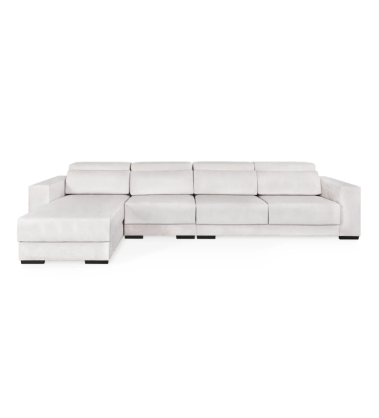 Sofá Oporto 3 lugares e chaise longue reversível, estofado a tecido pérola, apoios de cabeça reclináveis, assentos deslizantes e arrumação na chaise longue, 354 cm.