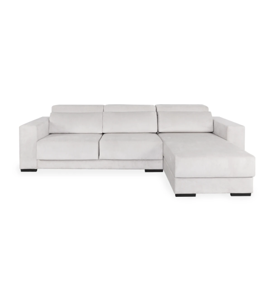 Sofá Oporto 2 lugares e chaise longue reversível, estofado a tecido pérola, apoios de cabeça reclináveis, assentos deslizantes e arrumação na chaise longue, 279 cm.