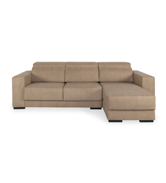 Sofá Oporto 2 lugares e chaise longue reversível, estofado a tecido toffee, apoios de cabeça reclináveis, assentos deslizantes e arrumação na chaise longue, 279 cm.
