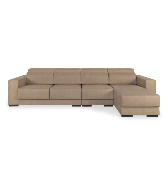 Sofá Oporto 3 lugares e chaise longue reversível, estofado a tecido toffee, apoios de cabeça reclináveis, assentos deslizantes e arrumação na chaise longue, 354 cm.