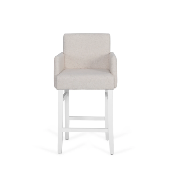 Stool with arms upholstered in fabric, with white lacquered feet.