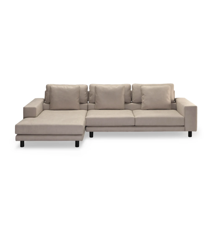 3 seater sofa with chaise longue, upholstered in fabric, with back lacquered feet.