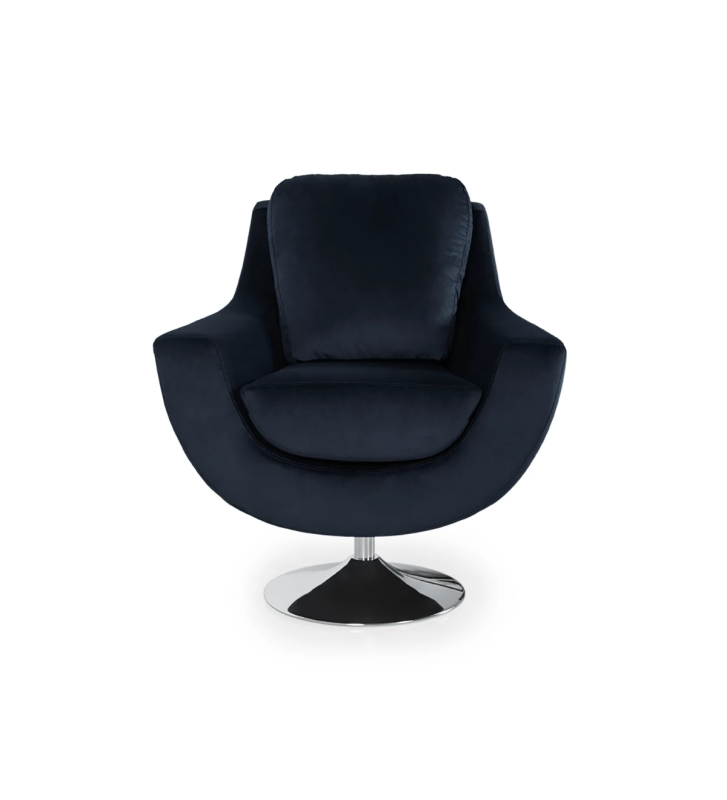 Poltrona Paris giratória, estofada a tecido azul, base metálica.