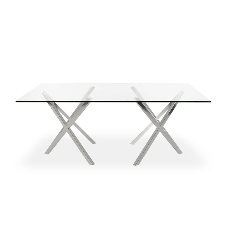 Mesa de jantar Paris retangular 200 x 98 cm, tampo de vidro, pé em inox.
