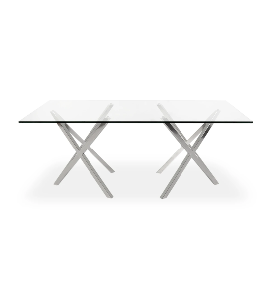 Mesa de comedor Paris rectangular 200 x 98 cm, tapa en cristal, pie en acero inoxidable.