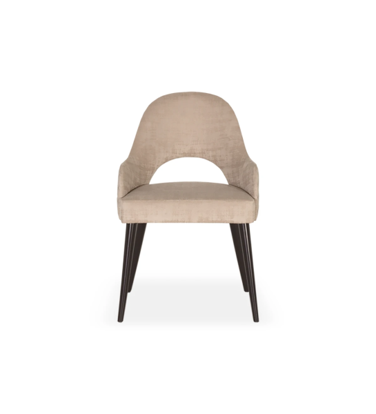 Chair with armrests upholstered in fabric, with dark brown lacquered feet.