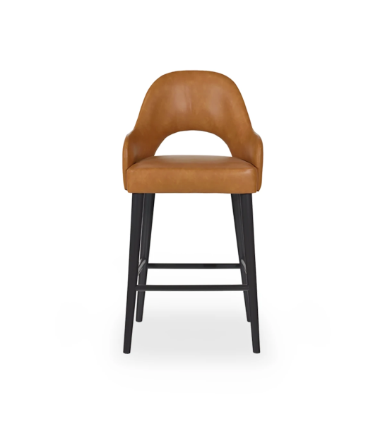 Stool with fabric upholstered arms, with black lacquered feet.