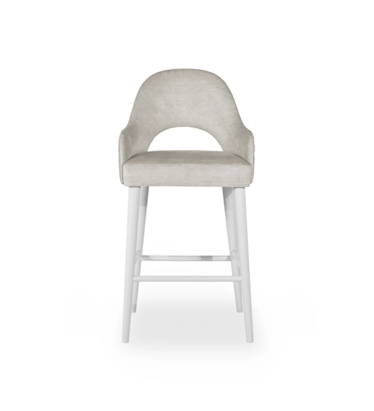 Tabouret avec accoudoirs en tissu, pieds laqués perle.