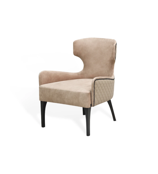 Pico armchair upholstered in toffee fabric, black studs, black lacquered feet.