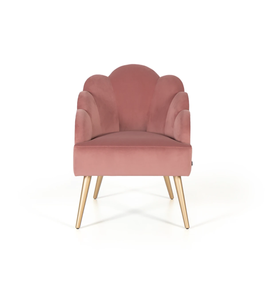 Sillón Lisboa tapizado en tela rosa, pies lacados dorado.
