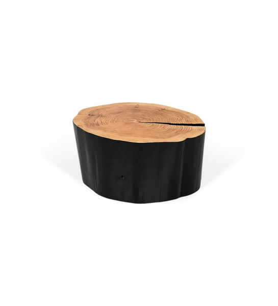 Mesa de centro tronco média em madeira natural de criptoméria lacada a negro, Ø 60 a 75 cm.