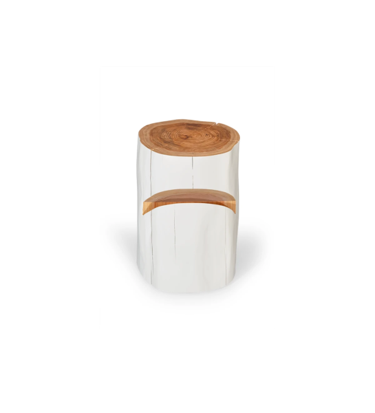 Bedside table in natural cryptomeria wood lacquered in pearl.
