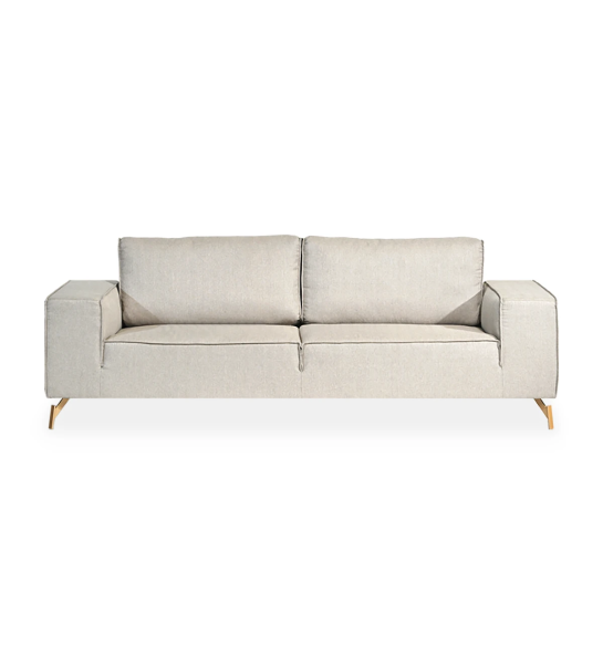 Tokyo 3-seater sofa upholstered in taupe fabric, gold lacquered metal feet, 238 cm.