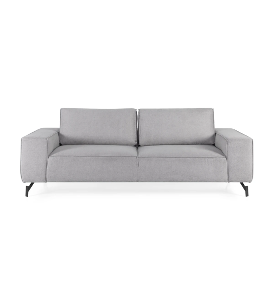 Sofá Tokyo 3 lugares estofado a tecido cinzento, pés metálicos lacados a negro, 238 cm.