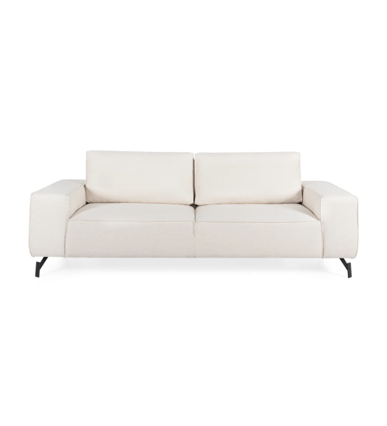 Sofá Tokyo 3 plazas tapizado en tela beige, pies en metal lacado negro, 238 cm.