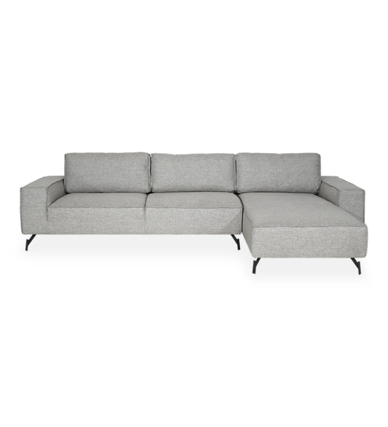 Tokyo 3-seater sofa and right chaise longue, upholstered in gray fabric, black lacquered metal feet, 335 cm.