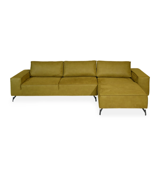 Sofá Tokyo 3 lugares e chaise longue direita, estofado a tecido verde, pés metálicos lacados a negro, 335 cm.
