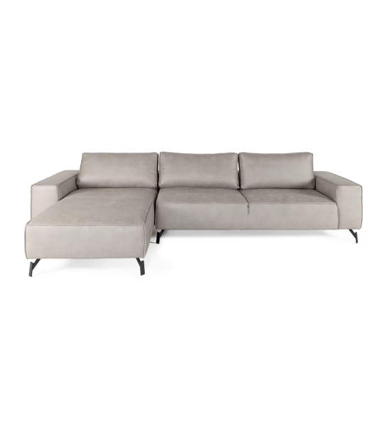 Sofá Tokyo 3 plazas y chaise longue izquierda, tapizado en tela gris claro, pies en metal lacado negro, 335 cm.