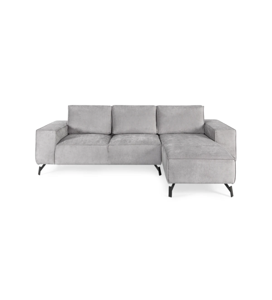Sofá Tokyo 2 plazas y chaise longue derecha, tapizado en tela gris, pies en metal lacado negro, 265 cm.