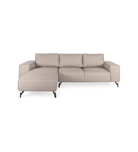 Sofá Tokyo 2 lugares e chaise longue esquerda, estofado a tecido toffee, pés metálicos lacados a negro, 265 cm.