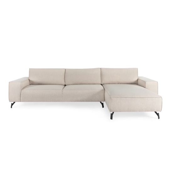 Tokyo 3-seater sofa and right chaise longue, upholstered in beige fabric, black lacquered metal feet, 335 cm.