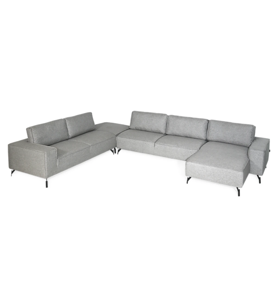 Sofá rinconero Tokyo con chaise longue y puf, tapizado en tela gris, pies en metal lacado negro, 410 x 313 cm.