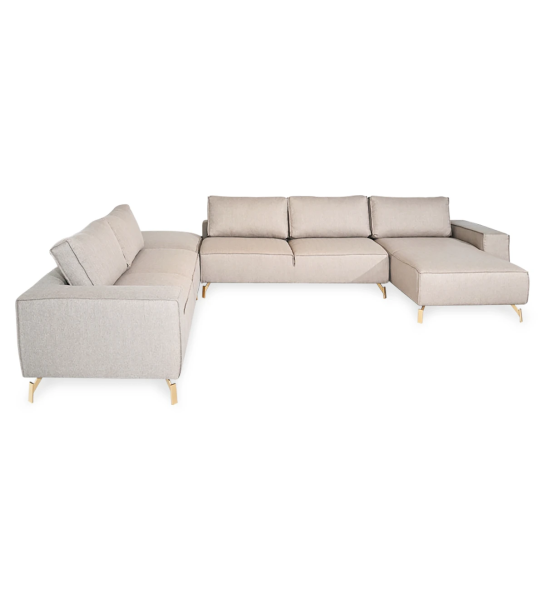 Sofá rinconero Tokyo con chaise longue y puf, tapizado en tela toffe, pies en metal lacado dorado, 410 x 313 cm.