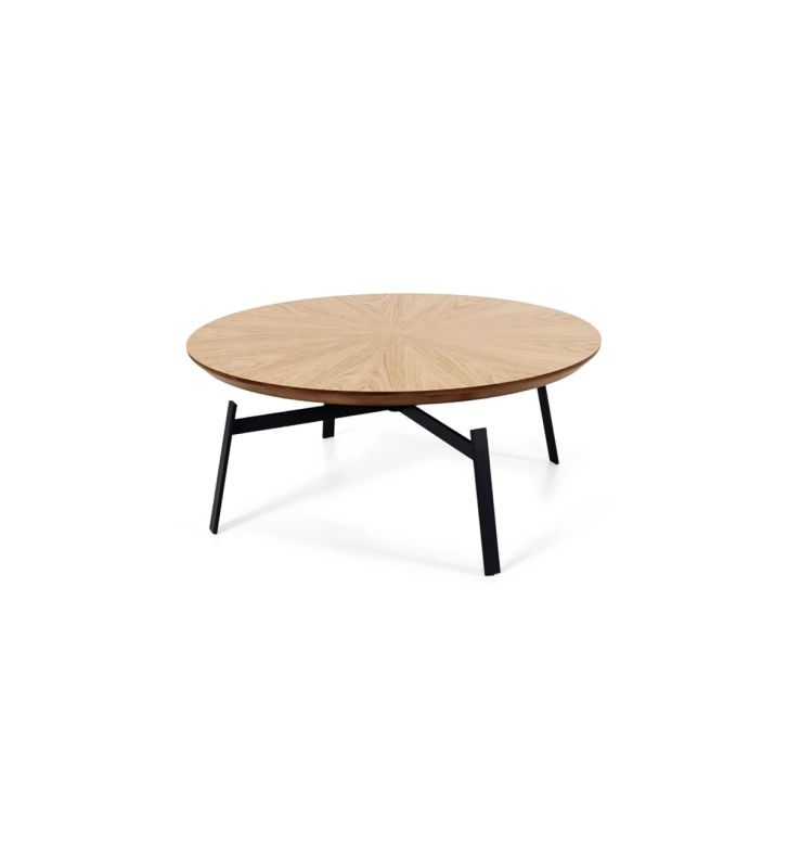 Round center table with natural oak top and black lacquered metallic foot