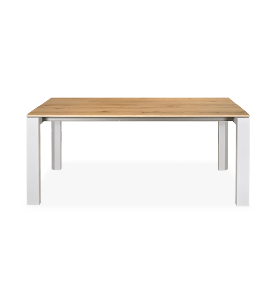 Rectangular extendable dining table with natural oak top, pearl lacquered feet.