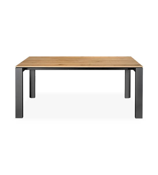 Mesa de jantar extensível retangular com tampo em carvalho natural, pés lacados a negro