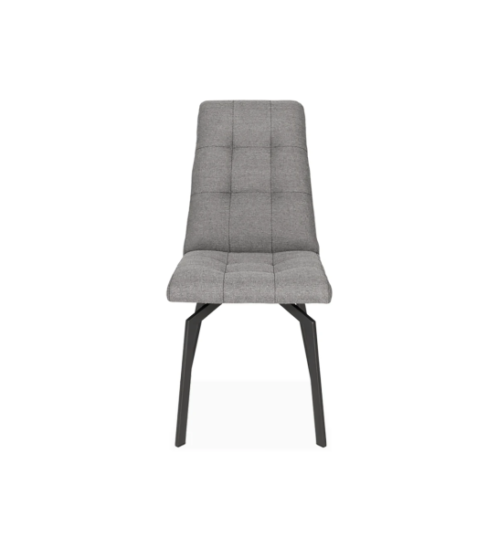 Fabric upholstered chair with black lacquered metal feet.