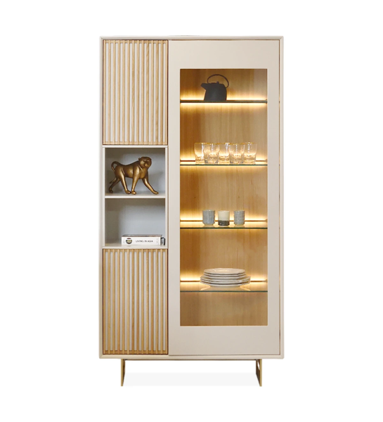 Vitrine com 2 portas em carvalho natural e 1 porta com vidro e estrutura lacada a pérola, pés metálicos lacados a pérola