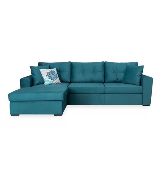 Sofá cama Macau 2 plazas y chaise longue izquierdo, tapizado en tela azul, 284 cm.