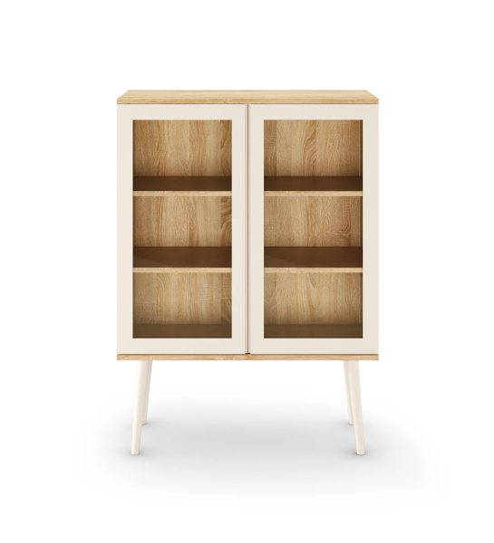Vitrina Oslo 2 puertas lacadas perla con cristal, estructura y estantes en roble natural, pies lacados perla, 100 x 138,5 cm.