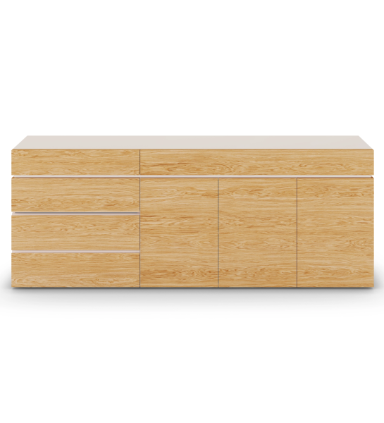 Aparador con puertas y cajones de roble natural, estructura lacada perla, con cajón para cubiertos.