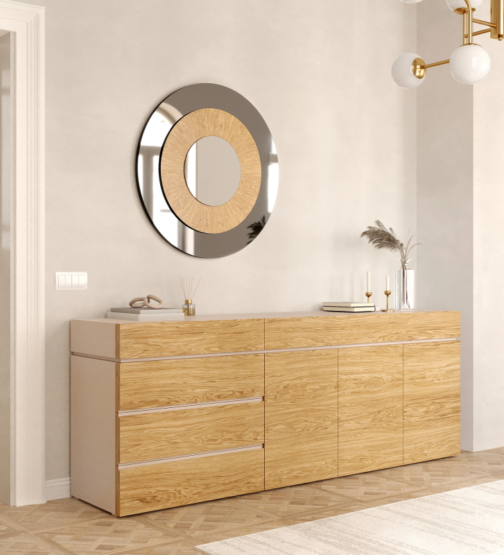 Round mirror with black lacquered frame and natural oak detail.