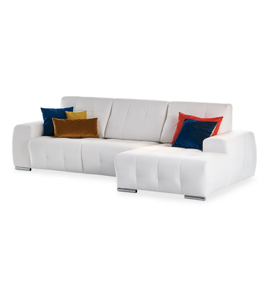 Sofá Madrid 2 lugares e chaise longue direita, estofado a ecopele branca, 287 cm.