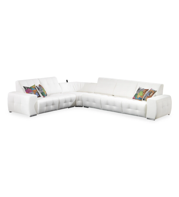 3+2 seater corner sofa, upholstered in white eco-leather, with sound system compatible with cell phones, pen drives, and memory cards.