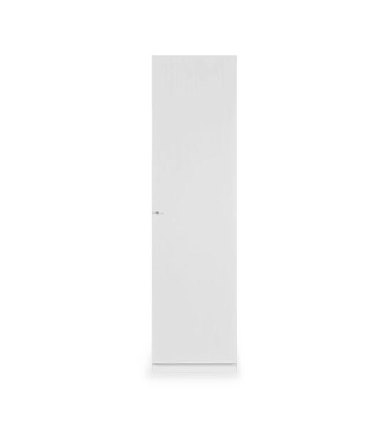 Móvel estante baixo em carvalho branco, com 1 porta e prateleiras amovíveis.
