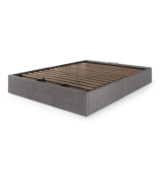 Sommier double rembourré en tissu, avec plateforme élévatrice et 2 tiroirs de rangement.