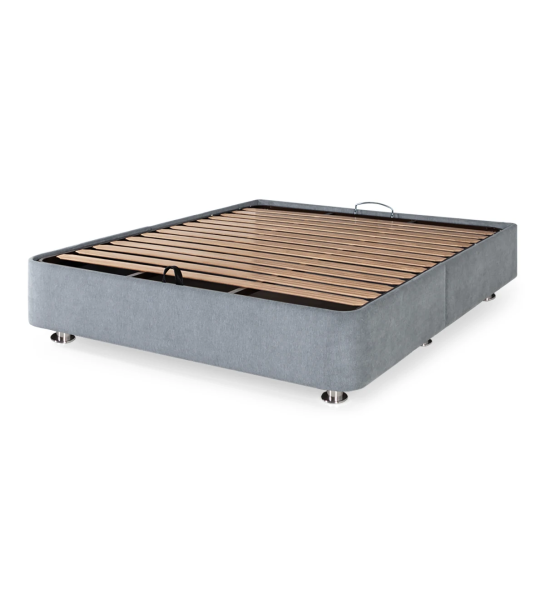 With lift platform for storage, upholstered in fabric.
