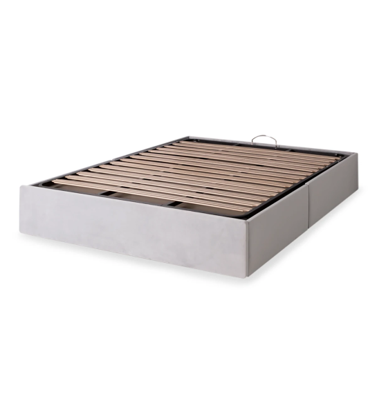 Sommier double rembourré en tissu, avec plateforme élévatrice et 2 tiroirs de rangement.