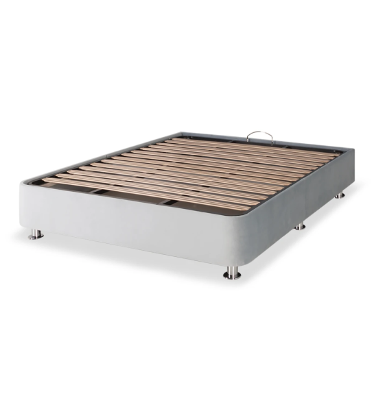 Sommier double rembourré en tissu, avec plateforme élévatrice pour le rangement.