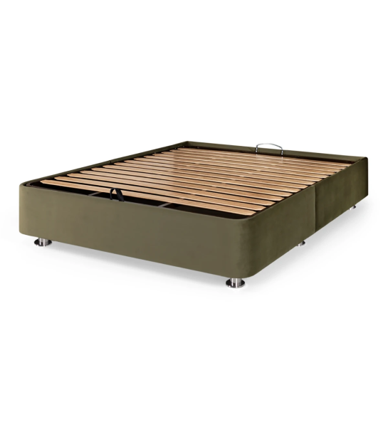Doble sommier tapizado en tejido, con plataforma elevable para almacenaje.