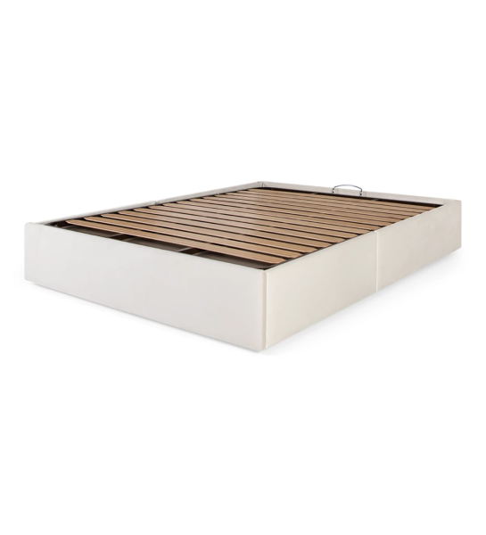 Sommier double rembourré en tissu, avec plateforme élévatrice et 2 tiroirs de rangement.