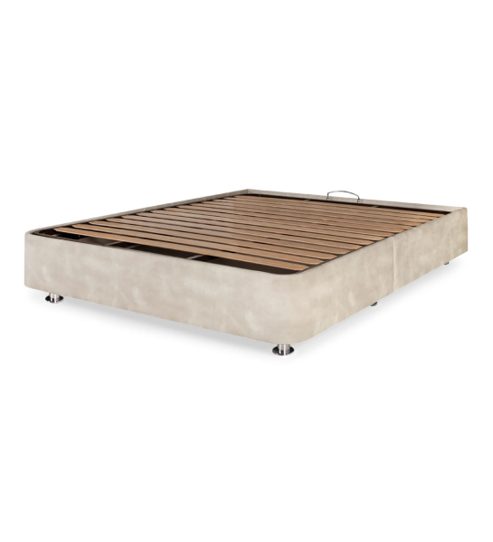 Doble sommier tapizado en tejido, con plataforma elevable para almacenaje.
