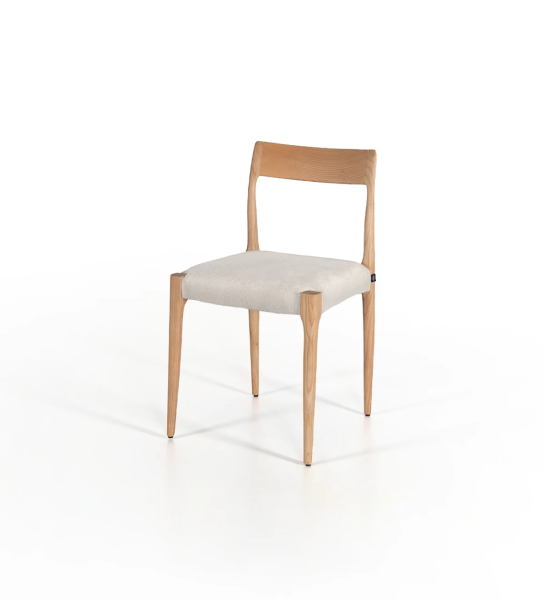 Chair in natural ash wood with fabric upholstered seat.